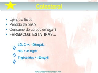 www.fundaciondelcorazon.com
• Ejercicio físico
• Pérdida de peso
• Consumo de ácidos omega-3
• FÁRMACOS: ESTATINAS…
LDL-C << 100 mg/dL
HDL > 35 mg/dl
Triglicéridos < 150mg/dl
ColesterolColesterol
 