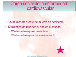 www.fundaciondelcorazon.com
• Causa más frecuente de muerte en occidente
• 12 millones de muertes al año en el mundo
Carga social de la enfermedad
cardiovascular
Carga social de la enfermedad
cardiovascular
• 50% de muertes en países desarrollados
• 20% de muertes en países en vías de desarrollo
 