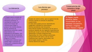 La tolerancia
Los efectos que
provoca
Consecuencias del
consumo a largo
plazo
El Popper genera estados de
tolerancia y por lo tanto es
necesario aumentar la
cantidad de la dosis o el
espacio de tiempo del
consumo para llegar a
producir los mismos efectos.
No hay síntomas de
abstinencia conocidos: puede
desarrollarse una
dependencia psicológica, que
dependerá más de la persona
que la consuma más que de la
droga en sí misma.
Es importante remarcar que
puede llegar a provocar la
muerte por su potente efecto
vasodilatador.
Estados de euforia cortos, que no superan los dos
minutos cuando se consume en pequeñas
proporciones.
En dosis altas puede provocar desinhibición
exagerada y pérdida de conocimiento.
Efectos secundarios más frecuentes
Estos efectos pueden confundirse con los que se
producen después de una ingestión importante de
alcohol por lo que a veces es difícil diferenciarlos
Hipotensión o presión sanguínea baja.
Taquicardias con ritmo cardiaco aumentado.
Enrojecimiento del rostro y de las manos.
Problemas para respirar, estornudos y tos.
Hemorragias nasales y vómitos.
Fuertes dolores de cabeza.
El Popper puede
provocar daños
irreversibles en los
sistemas circulatorio,
nervioso y órganos
como riñones e hígado
 