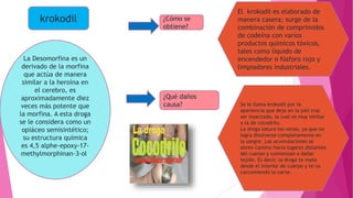 krokodil
La Desomorfina es un
derivado de la morfina
que actúa de manera
similar a la heroína en
el cerebro, es
aproximadamente diez
veces más potente que
la morfina. A esta droga
se le considera como un
opiáceo semisintético;
su estructura química
es 4,5 alphe-epoxy-17-
methylmorphinan-3-ol.
¿Cómo se
obtiene?
El krokodil es elaborado de
manera casera; surge de la
combinación de comprimidos
de codeína con varios
productos químicos tóxicos,
tales como líquido de
encendedor o fósforo rojo y
limpiadores industriales.
¿Qué daños
causa? Se le llama krokodil por la
apariencia que deja en la piel tras
ser inyectada, la cual es muy similar
a la de cocodrilo.
La droga satura las venas, ya que no
logra disolverse completamente en
la sangre. Las acumulaciones se
abren camino hacia lugares distantes
del cuerpo y comienzan a dañar
tejido. Es decir, la droga te mata
desde el interior de cuerpo y te va
carcomiendo la carne.
 