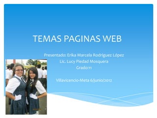 TEMAS PAGINAS WEB
  Presentado: Erika Marcela Rodríguez López
          Lic. Lucy Piedad Mosquera
                    Grado:11

        Villavicencio-Meta 6/junio/2012
 