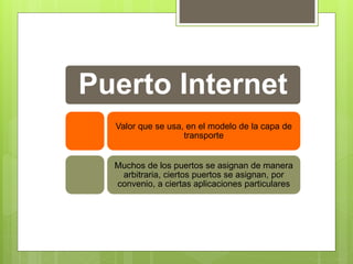 Puerto Internet
Valor que se usa, en el modelo de la capa de
transporte
Muchos de los puertos se asignan de manera
arbitraria, ciertos puertos se asignan, por
convenio, a ciertas aplicaciones particulares
 