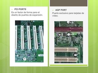  PCI PORTS
Es un factor de forma para el
diseño de puertos de expansión.
 AGP PORT
Puerto exclusivo para tarjetas de
vídeo.
 