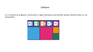 Es un conjunto de programas, instrucciones y reglas informáticas que permiten ejecutar distintas tareas en una
computadora.
Software
 