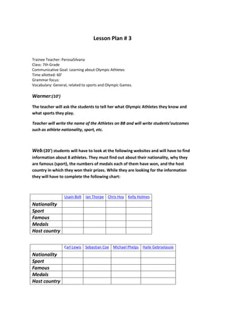 Lesson Plan # 3


Trainee Teacher: PerosaSilvana
Class: 7th Grade
Communicative Goal: Learning about Olympic Athletes
Time allotted: 60’
Grammar focus:
Vocabulary: General, related to sports and Olympic Games.

Warmer:(10’)
The teacher will ask the students to tell her what Olympic Athletes they know and
what sports they play.

Teacher will write the name of the Athletes on BB and will write students’outcomes
such as athlete nationality, sport, etc.



Web:(20’) students will have to look at the following websites and will have to find
information about 8 athletes. They must find out about their nationality, why they
are famous (sport), the numbers of medals each of them have won, and the host
country in which they won their prizes. While they are looking for the information
they will have to complete the following chart:



                  Usain Bolt Ian Thorpe Chris Hoy Kelly Holmes
Nationality
Sport
Famous
Medals
Host country

                  Carl Lewis Sebastian Coe Michael Phelps Haile Gebrselassie
Nationality
Sport
Famous
Medals
Host country
 