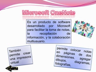 Es un producto de software
desarrollado por Microsoft
para facilitar la toma de notas,
la       recopilación        de
información, y la colaboración
multiusuario.
 