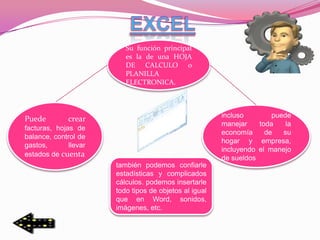 Su función principal
                          es la de una HOJA
                          DE CALCULO o
                          PLANILLA
                          ELECTRONICA.



                                                        incluso        puede
Puede         crear
                                                        manejar    toda    la
facturas, hojas de
                                                        economía     de   su
balance, control de
                                                        hogar y empresa,
gastos,       llevar
                                                        incluyendo el manejo
estados de cuenta
                                                        de sueldos
                       también podemos confiarle
                       estadísticas y complicados
                       cálculos. podemos insertarle
                       todo tipos de objetos al igual
                       que en Word, sonidos,
                       imágenes, etc.
 
