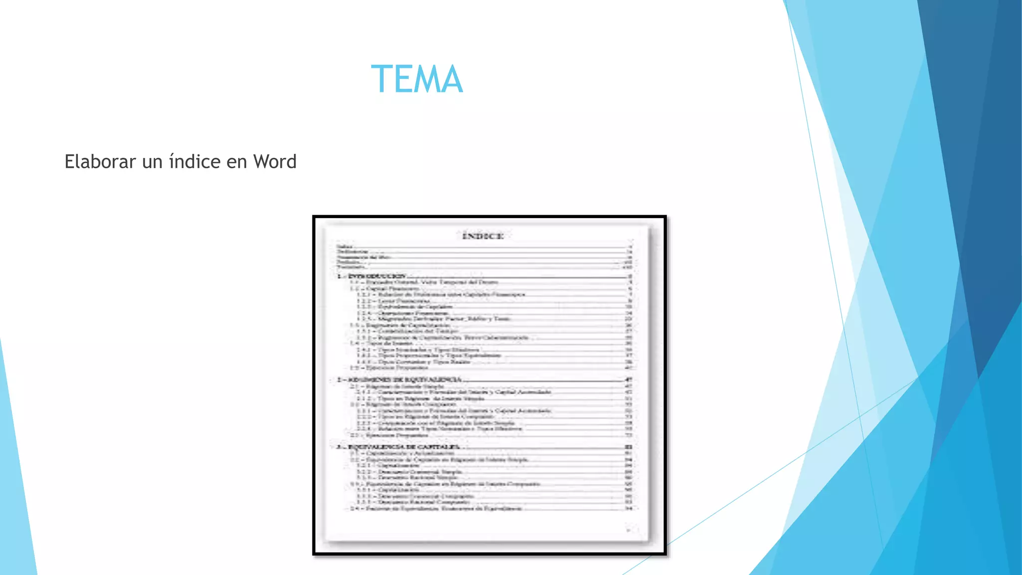 TEMA
Elaborar un índice en Word