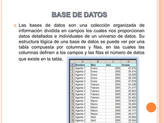  Las bases de datos son una colección organizada de
información dividida en campos los cuales nos proporcionan
datos detallados e individuales de un universo de datos. Su
estructura lógica de una base de datos se puede ver por una
tabla compuesta por columnas y filas, en las cuales las
columnas definen a los campos y las filas el número de datos
que existe en la tabla.
 