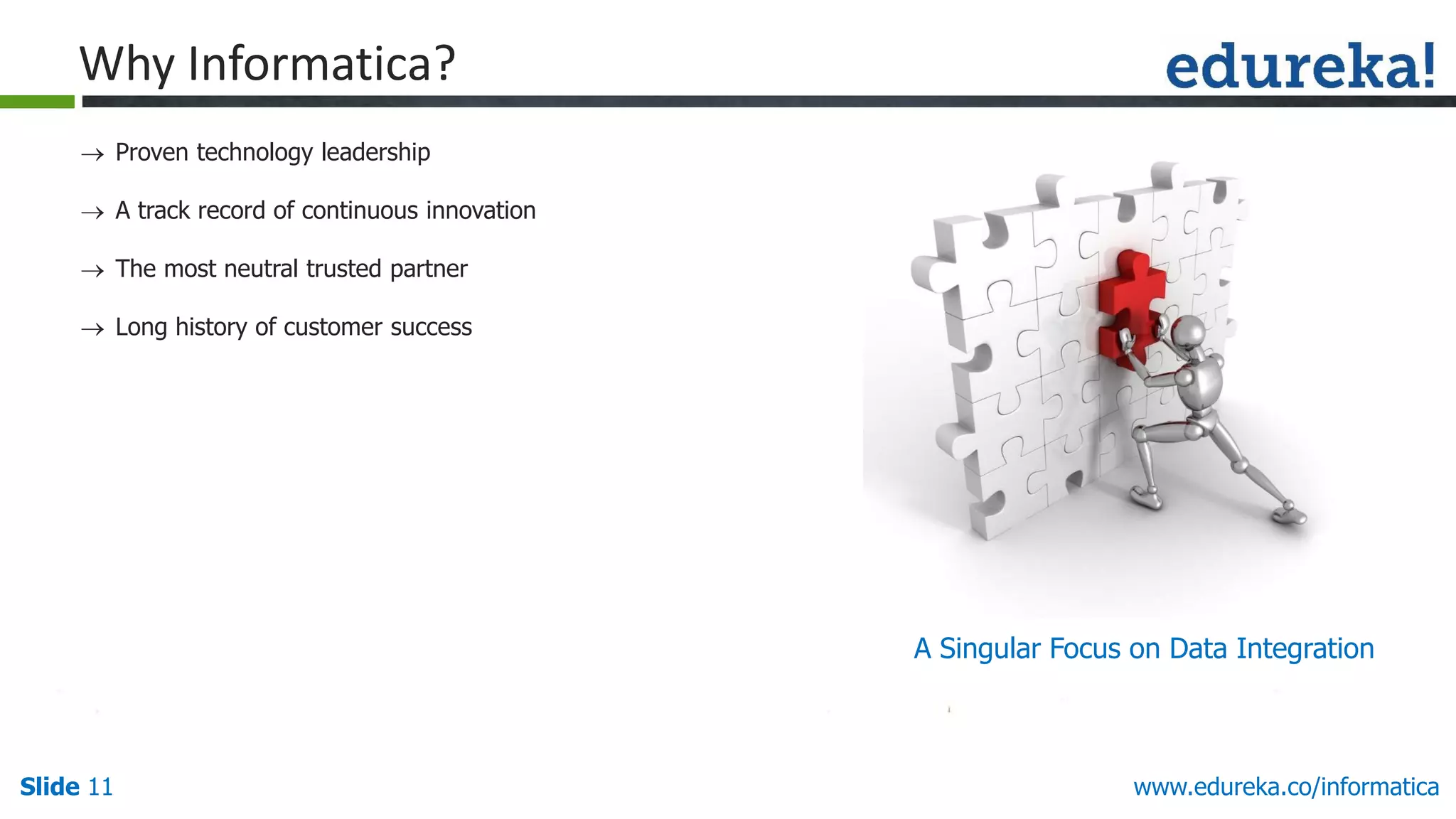 Slide 11 www.edureka.co/informatica
A Singular Focus on Data Integration
Why Informatica?
 Proven technology leadership
 A track record of continuous innovation
 The most neutral trusted partner
 Long history of customer success
 
