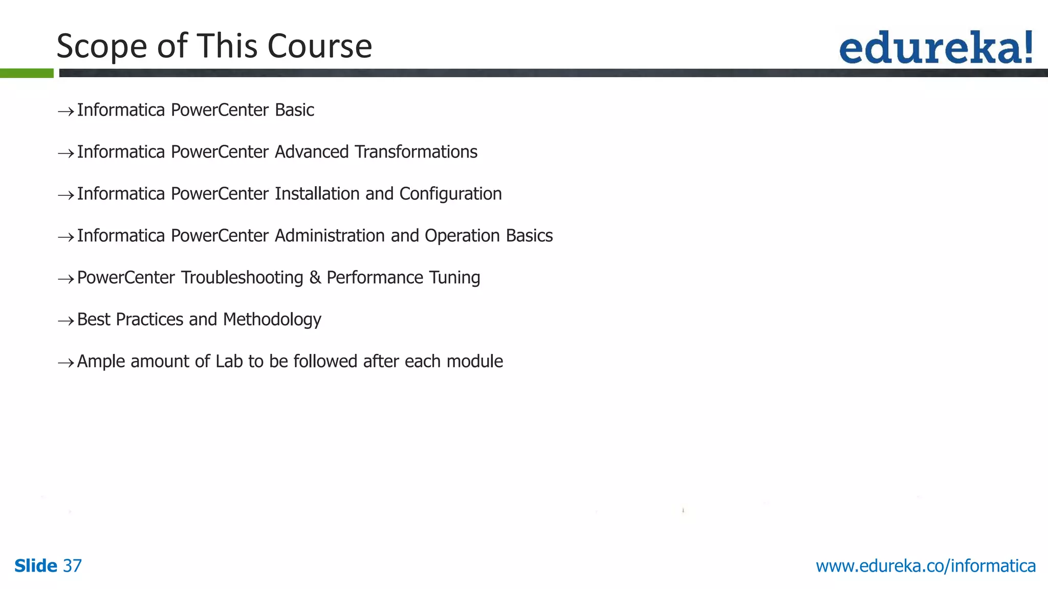 Slide 37 www.edureka.co/informatica
Informatica PowerCenter Basic
Informatica PowerCenter Advanced Transformations
Informatica PowerCenter Installation and Configuration
Informatica PowerCenter Administration and Operation Basics
PowerCenter Troubleshooting & Performance Tuning
Best Practices and Methodology
Ample amount of Lab to be followed after each module
Scope of This Course
 