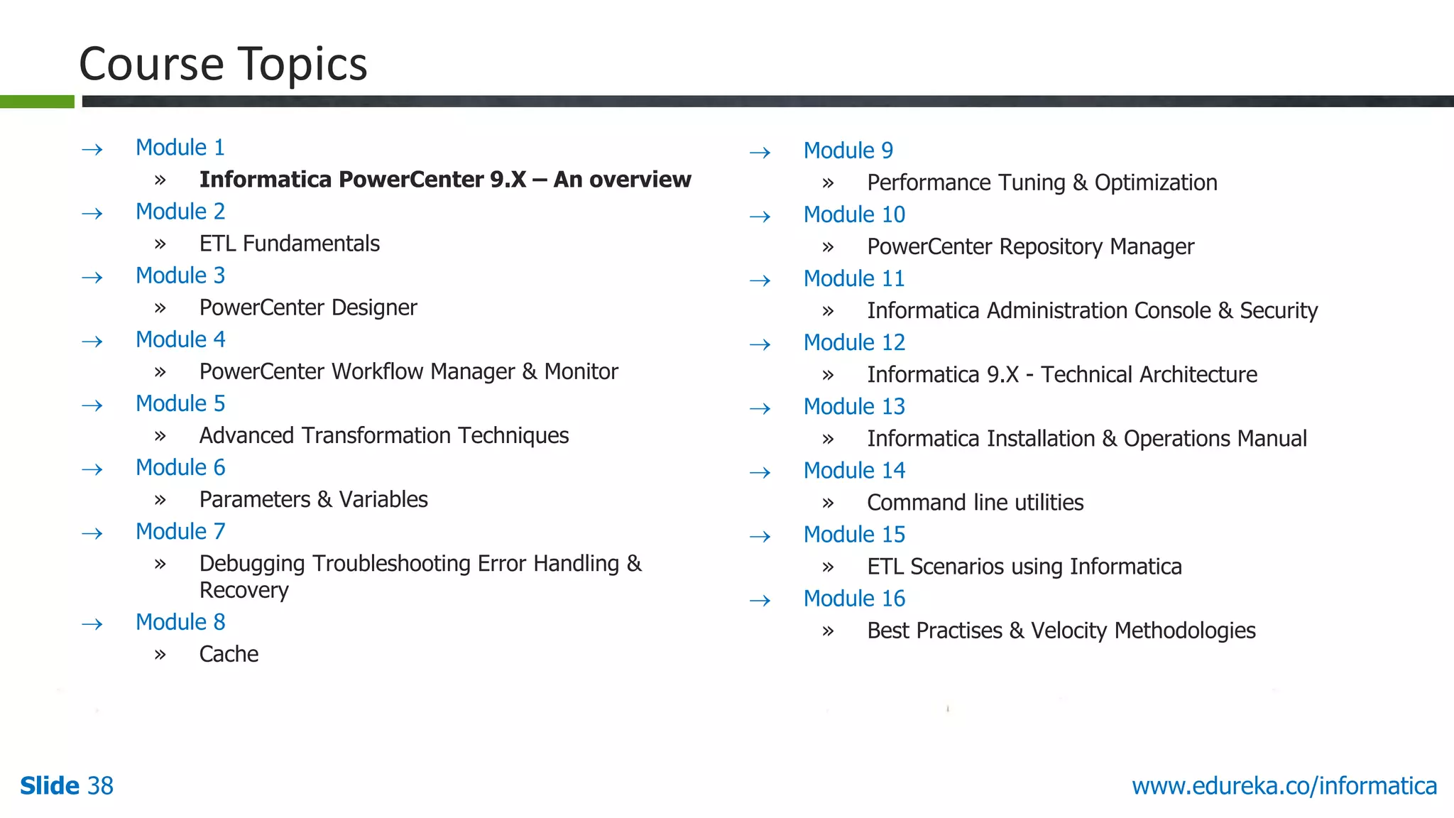 Slide 38 www.edureka.co/informatica
 Module 9
» Performance Tuning & Optimization
 Module 10
» PowerCenter Repository Manager
 Module 11
» Informatica Administration Console & Security
 Module 12
» Informatica 9.X - Technical Architecture
 Module 13
» Informatica Installation & Operations Manual
 Module 14
» Command line utilities
 Module 15
» ETL Scenarios using Informatica
 Module 16
» Best Practises & Velocity Methodologies
 Module 1
» Informatica PowerCenter 9.X – An overview
 Module 2
» ETL Fundamentals
 Module 3
» PowerCenter Designer
 Module 4
» PowerCenter Workflow Manager & Monitor
 Module 5
» Advanced Transformation Techniques
 Module 6
» Parameters & Variables
 Module 7
» Debugging Troubleshooting Error Handling &
Recovery
 Module 8
» Cache
Course Topics
 