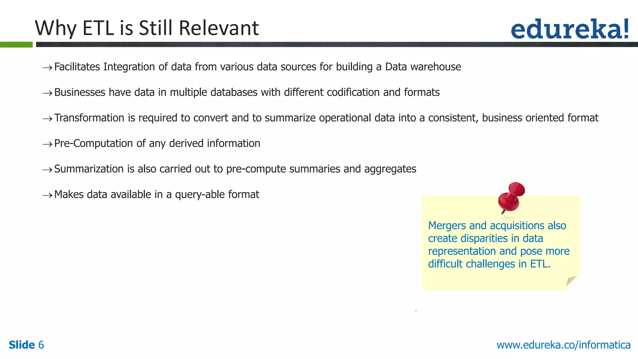 Slide 6 www.edureka.co/informatica
Facilitates Integration of data from various data sources for building a Data warehouse
Businesses have data in multiple databases with different codification and formats
Transformation is required to convert and to summarize operational data into a consistent, business oriented format
Pre-Computation of any derived information
Summarization is also carried out to pre-compute summaries and aggregates
Makes data available in a query-able format
Why ETL is Still Relevant
Mergers and acquisitions also
create disparities in data
representation and pose more
difficult challenges in ETL.
 