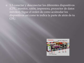  1.3 conectar y desconectar los diferentes dispositivos 
(CPU, monitor, ratón, impresora, proyector de datos 
móviles). Sigue el orden de como acomodar los 
dispositivos así como te indica la parte de atrás de tu 
CPU. 
 
