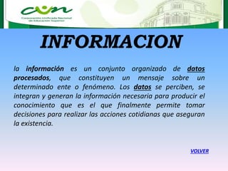 la información es un conjunto organizado de datos
procesados, que constituyen un mensaje sobre un
determinado ente o fenómeno. Los datos se perciben, se
integran y generan la información necesaria para producir el
conocimiento que es el que finalmente permite tomar
decisiones para realizar las acciones cotidianas que aseguran
la existencia.
INFORMACION
VOLVER