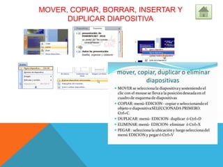 MOVER, COPIAR, BORRAR, INSERTAR Y
DUPLICAR DIAPOSITIVA
 