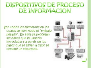 DISPOSITIVOS DE PROCESODE INFORMACIONSon todos los elementos en los cuales se lleva todo el “trabajo pesado”. En ellos se procesan los datos que el usuario introduce; y a partir de los pasos que se llevan a cabo se obtiene un resultado.