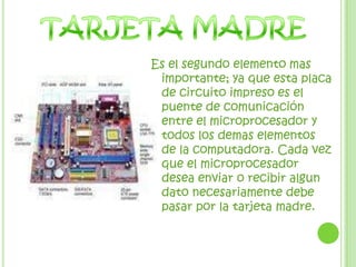 TARJETA MADREEs el segundo elemento mas importante; ya que esta placa de circuito impreso es el puente de comunicación entre el microprocesador y todos los demas elementos de la computadora. Cada vez que el microprocesador desea enviar o recibir algun dato necesariamente debe pasar por la tarjeta madre.