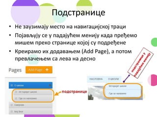 Подстранице
• Не заузимају место на навигацијској траци
• Појављују се у падајућем менију када пређемо
мишем преко странице којој су подређене
• Креирамо их додавањем (Add Page), а потом
превлачењем са лева на десно
 