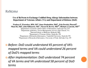 RxNormBefore: DoD could understand 45 percent of VA’s mapped terms and VA could understand 26 percent of DoD’s mapped termsAfter implementation: DoD understood 74 percent of VA terms and VA understood 58 percent of DoD terms