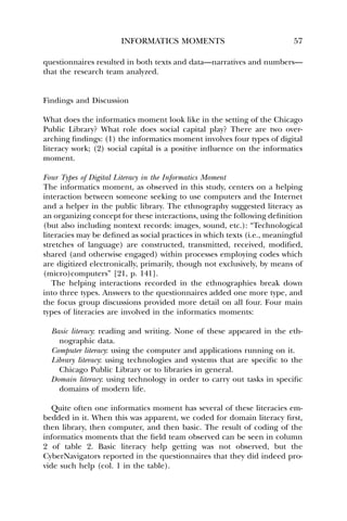 INFORMATICS MOMENTS 57 
questionnaires resulted in both texts and data—narratives and numbers— 
that the research team analyzed. 
Findings and Discussion 
What does the informatics moment look like in the setting of the Chicago 
Public Library? What role does social capital play? There are two over-arching 
findings: (1) the informatics moment involves four types of digital 
literacy work; (2) social capital is a positive influence on the informatics 
moment. 
Four Types of Digital Literacy in the Informatics Moment 
The informatics moment, as observed in this study, centers on a helping 
interaction between someone seeking to use computers and the Internet 
and a helper in the public library. The ethnography suggested literacy as 
an organizing concept for these interactions, using the following definition 
(but also including nontext records: images, sound, etc.): “Technological 
literacies may be defined as social practices in which texts (i.e., meaningful 
stretches of language) are constructed, transmitted, received, modified, 
shared (and otherwise engaged) within processes employing codes which 
are digitized electronically, primarily, though not exclusively, by means of 
(micro)computers” [21, p. 141]. 
The helping interactions recorded in the ethnographies break down 
into three types. Answers to the questionnaires added one more type, and 
the focus group discussions provided more detail on all four. Four main 
types of literacies are involved in the informatics moments: 
Basic literacy: reading and writing. None of these appeared in the eth-nographic 
data. 
Computer literacy: using the computer and applications running on it. 
Library literacy: using technologies and systems that are specific to the 
Chicago Public Library or to libraries in general. 
Domain literacy: using technology in order to carry out tasks in specific 
domains of modern life. 
Quite often one informatics moment has several of these literacies em-bedded 
in it. When this was apparent, we coded for domain literacy first, 
then library, then computer, and then basic. The result of coding of the 
informatics moments that the field team observed can be seen in column 
2 of table 2. Basic literacy help getting was not observed, but the 
CyberNavigators reported in the questionnaires that they did indeed pro-vide 
such help (col. 1 in the table). 
 