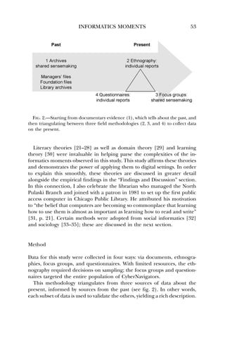 INFORMATICS MOMENTS 53 
Fig. 2.—Starting from documentary evidence (1), which tells about the past, and 
then triangulating between three field methodologies (2, 3, and 4) to collect data 
on the present. 
Literacy theories [21–28] as well as domain theory [29] and learning 
theory [30] were invaluable in helping parse the complexities of the in-formatics 
moments observed in this study. This study affirms these theories 
and demonstrates the power of applying them to digital settings. In order 
to explain this smoothly, these theories are discussed in greater detail 
alongside the empirical findings in the “Findings and Discussion” section. 
In this connection, I also celebrate the librarian who managed the North 
Pulaski Branch and joined with a patron in 1981 to set up the first public 
access computer in Chicago Public Library. He attributed his motivation 
to “the belief that computers are becoming so commonplace that learning 
how to use them is almost as important as learning how to read and write” 
[31, p. 21]. Certain methods were adopted from social informatics [32] 
and sociology [33–35]; these are discussed in the next section. 
Method 
Data for this study were collected in four ways: via documents, ethnogra-phies, 
focus groups, and questionnaires. With limited resources, the eth-nography 
required decisions on sampling; the focus groups and question-naires 
targeted the entire population of CyberNavigators. 
This methodology triangulates from three sources of data about the 
present, informed by sources from the past (see fig. 2). In other words, 
each subset of data is used to validate the others, yielding a rich description. 
 