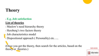 Theory
• E.g. Job satisfaction
List of theories
• Maslow’s need hierarchy theory
• Herzberg’s two factors theory
• Job characteristics model
• Dispositional approach ( Personality) etc…..
(Once you get the theory, then search for the articles, based on the
theory or theories.) MID-RMS
 