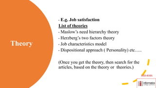 Theory
• E.g. Job satisfaction
List of theories
• Maslow’s need hierarchy theory
• Herzberg’s two factors theory
• Job characteristics model
• Dispositional approach ( Personality) etc…..
(Once you get the theory, then search for the
articles, based on the theory or theories.)
MID-RMS
 