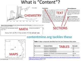 What is “Content”?
http://www.plosone.org/article/fetchObject.action?uri=info:doi/10.1371/journal.pone.01113
03&representation=PDF CC-BY
SECTIONS
MAPS
TABLES
CHEMISTRY
TEXT
MATH
contentmine.org tackles these
 