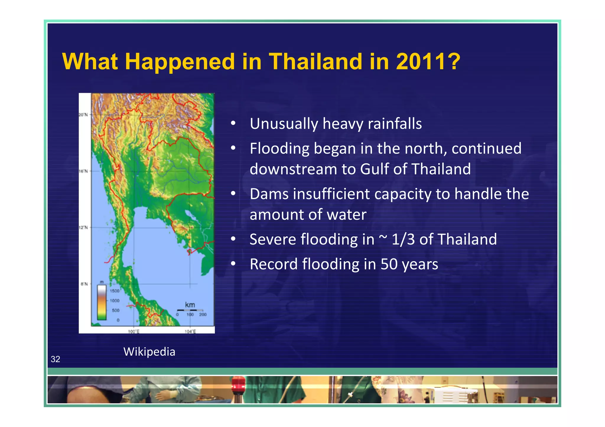 What Happened in Thailand in 2011?

                      • Unusually heavy rainfalls
                      • Flooding began in the north, continued 
                        downstream to Gulf of Thailand
                      • Dams insufficient capacity to handle the 
                        amount of water
                      • Severe flooding in ~ 1/3 of Thailand
                      • Record flooding in 50 years




          Wikipedia
32
 