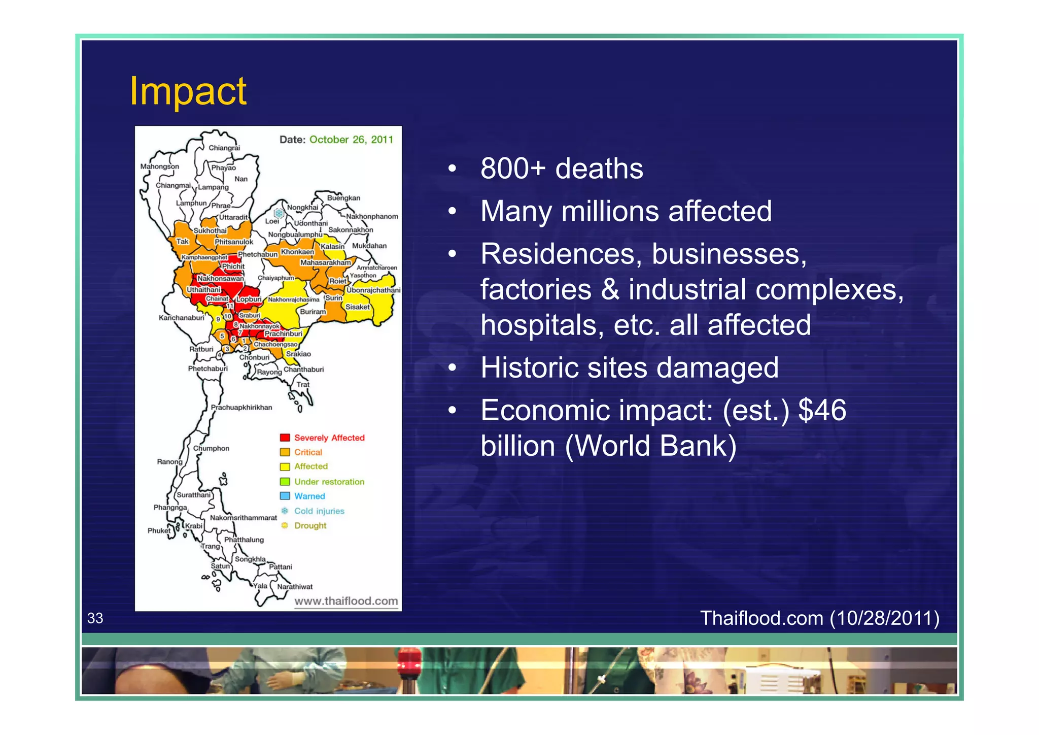 Impact
              • 800+ deaths
              • Many millions affected
              • Residences, businesses,
                factories & industrial complexes,
                hospitals, etc. all affected
              • Historic sites damaged
              • Economic impact: (est.) $46
                billion (World Bank)




33                               Thaiflood.com (10/28/2011)
 