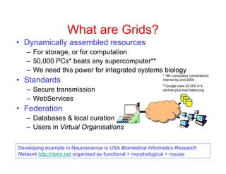 The technology of Grids
• Large-scale distributed computing
– Initially, hooking up powerful processors
– Increasingly, au...
