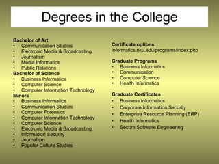 Degrees in the College
Bachelor of Art
• Communication Studies             Certificate options:
• Electronic Media & Broadcasting   informatics.nku.edu/programs/index.php
• Journalism
• Media Informatics                 Graduate Programs
• Public Relations                  • Business Informatics
Bachelor of Science                 • Communication
• Business Informatics              • Computer Science
• Computer Science                  • Health Informatics
• Computer Information Technology
Minors                              Graduate Certificates
• Business Informatics              • Business Informatics
• Communication Studies             • Corporate Information Security
• Computer Forensics                • Enterprise Resource Planning (ERP)
• Computer Information Technology
                                    • Health Informatics
• Computer Science
• Electronic Media & Broadcasting   • Secure Software Engineering
• Information Security
• Journalism
• Popular Culture Studies
 