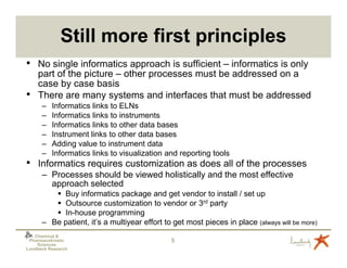 Still more first principles
•   No single informatics approach is sufficient – informatics is only
    part of the picture – other processes must be addressed on a
    case by case basis
•   There are many systems and interfaces that must be addressed
      –   Informatics links to ELNs
      –   Informatics links to instruments
      –   Informatics links to other data bases
      –   Instrument links to other data bases
      –   Adding value to instrument data
      –   Informatics links to visualization and reporting tools
•   Informatics requires customization as does all of the processes
      – Processes should be viewed holistically and the most effective
        approach selected
           Buy informatics package and get vendor to install / set up
           Outsource customization to vendor or 3rd party
           In-house programming
      – Be patient, it’s a multiyear effort to get most pieces in place (always will be more)
   Chemical &
 Pharmacokinetic                              5
    Sciences
Lundbeck Research
 