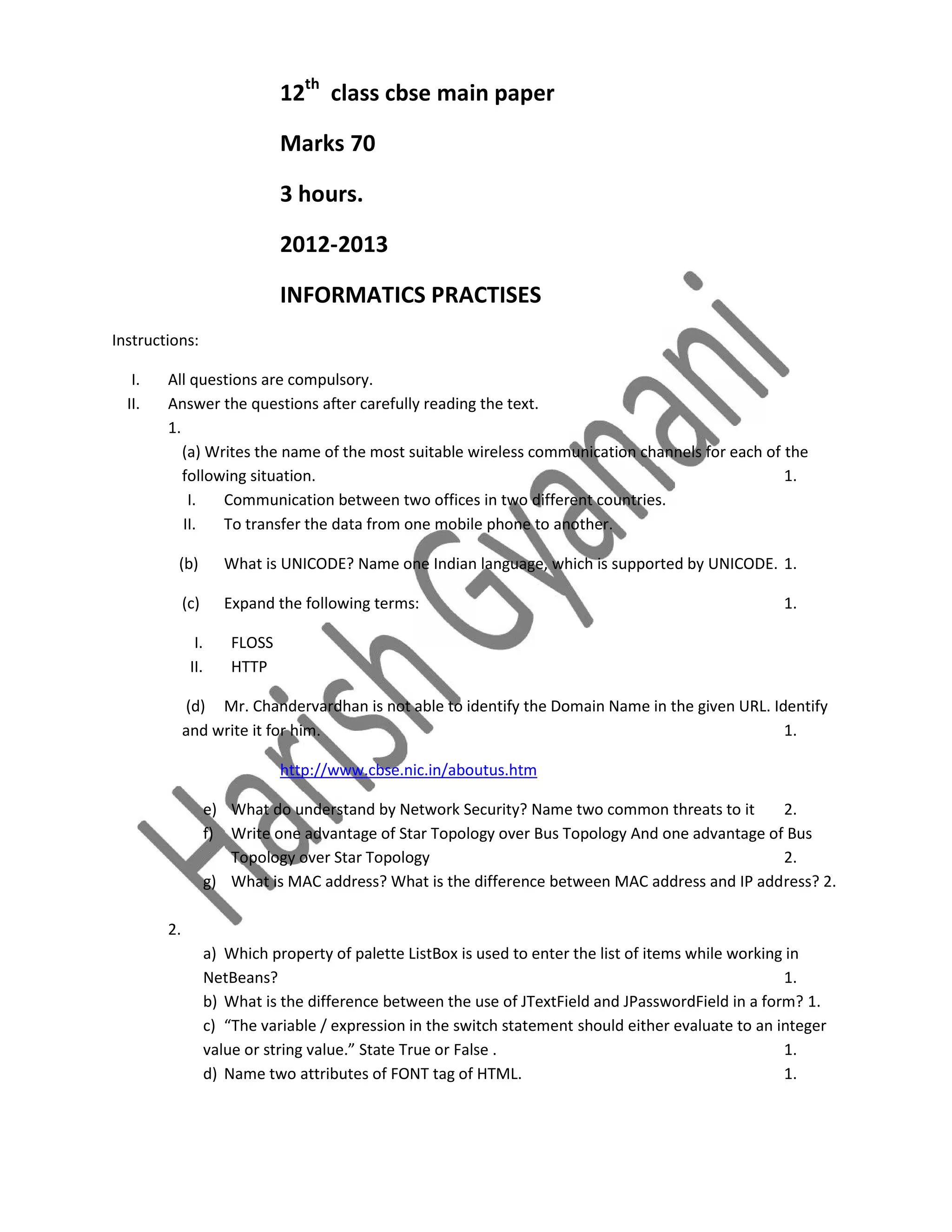 Informatics practises 12th CBSE INDIA 2012-2013 MAIN EXAM paper | PDF