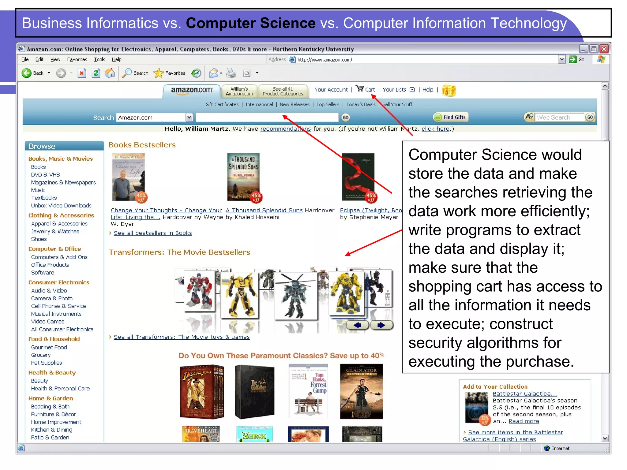 Business Informatics vs. Computer Science vs. Computer Information Technology




                                                      Computer Science would
                                                      store the data and make
                                                      the searches retrieving the
                                                      data work more efficiently;
                                                      write programs to extract
                                                      the data and display it;
                                                      make sure that the
                                                      shopping cart has access to
                                                      all the information it needs
                                                      to execute; construct
                                                      security algorithms for
                                                      executing the purchase.
 