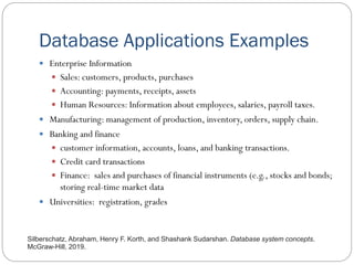 Database Applications Examples
 Enterprise Information
 Sales: customers, products, purchases
 Accounting: payments, re...