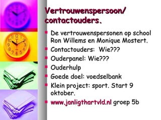 Vertrouwenspersoon/
contactouders.










De vertrouwenspersonen op school
Ron Willems en Monique Mostert.
Contactouders: Wie???
Ouderpanel: Wie???
Ouderhulp
Goede doel: voedselbank
Klein project: sport. Start 9
oktober.
www.janligthartvld.nl groep 5b

 