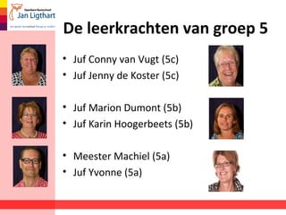 De leerkrachten van groep 5 
• Juf Conny van Vugt (5c) 
• Juf Jenny de Koster (5c) 
• Juf Marion Dumont (5b) 
• Juf Karin Hoogerbeets (5b) 
• Meester Machiel (5a) 
• Juf Yvonne (5a) 
 