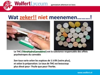   Wat   zeker!!  niet   meenemen………!   Le THC ( TétraHydroCannabino l ) est la substance responsable des effets psychotropes du cannabis Son taux varie selon les espèces de 1 à 8% (voire plus),  et selon la préparation. Le taux de THC est beaucoup  plus élevé pour  l'huile que pour l'herbe.   www.wolfert.nl   gymnasium atheneum en havo 