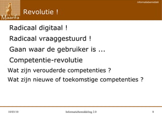 Opleidingsdoel Door de introductie van interactieve webdiensten en geavanceerde zoekisntrumenten is de informatiebemiddeling in bibliotheken in een enorme stroomversnelling gekomen. Deze nieuwe middelen kunnen het inlichtingenwerk in de openbare bibliotheek activeren en efficiënter maken. Het Web2.0 is immers een gigantisch netwerk geworden van kennis, meningen en andere uitingen van een massa gewone mensen. Het internet is onderdeel geworden van ons dagelijks leven en verandert langzaam  naar een echt interactief medium. Een medium dat uitnodigt tot delen van muziek, films, voorkeuren, meningen. In deze omgeving wordt iedereen zelf journalist, schrijver, uitgever, muzikant, regisseur of bibliothecaris.  Uiteraard biedt dit ook de nodige uitdagingen : kwaliteit en pluriformiteit moeten immers gewaarborgd blijven.  Deze opleiding gaat in op de wijze hoe we interactieve webdiensten en nieuwe zoekinstrumenten kunnen gebruiken in functie van de informatieverstrekking en het  kennisdelen. De nadruk wordt gelegd op de praktische bruikbaarheid in een bibliotheekcontext.  