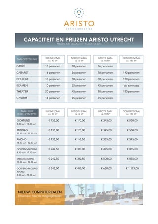 CAPACITEIT EN PRIJZEN ARISTO UTRECHT
                                  PRIJZEN ZIJN GELDIG TOT 1 AUGUSTUS 2013




                        KLEINE ZAAL           MIDDEN ZAAL             GROTE ZAAL    CONGRESZAAL
ZAALOPSTELLING
                          ca. 40 M²              ca. 70 M²              ca. 90 M²     ca. 180 M²

CARRÉ                   16 personen           30 personen            36 personen

CABARET                 16 personen           36 personen            70 personen    140 personen

COLLEGE                 16 personen           30 personen            60 personen    120 personen

EXAMEN                  10 personen           25 personen            45 personen    op aanvraag

THEATER                 20 personen           45 personen            80 personen    180 personen

U-VORM                  14 personen           25 personen            35 personen



   ZAALHUUR             KLEINE ZAAL           MIDDEN ZAAL             GROTE ZAAL    CONGRESZAAL
(EXCL. 21% BTW)           ca. 40 M²              ca. 70 M²              ca. 90 M²     ca. 180 M²


OCHTEND                   € 135,00               € 170,00               € 345,00      € 550,00
8.30 uur - 12.30 uur


MIDDAG                    € 135,00               € 170,00               € 345,00      € 550,00
13.30 uur - 17.30 uur


AVOND                     € 135,00               € 165,50               € 335,00      € 545,00
18.30 uur - 22.30 uur


OCHTEND/MIDDAG            € 242,50               € 300,00               € 495,00      € 835,00
8.30 uur - 17.30 uur


MIDDAG/AVOND              € 242,50               € 302,50               € 500,00      € 835,00
13.30 uur - 22.30 uur


OCHTEND/MIDDAG/           € 345,00               € 435,00               € 650,00      € 1.175,00
AVOND
8.30 uur - 22.30 uur




 NIEUW: COMPUTERZALEN
 Informeer naar de mogelijkheden
 
