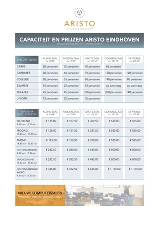 CAPACITEIT EN PRIJZEN ARISTO EINDHOVEN
                                      PRIJZEN ZIJN GELDIG TOT 1 AUGUSTUS 2013




                        KLEINE ZAAL        MIDDEN ZAAL        GROTE ZAAL        CONGRESZAAL     DE VIERDE
ZAALOPSTELLING
                          ca. 40 M²           ca. 70 M²         ca. 100 M²        ca. 230 M²     ca. 200 M²

CARRÉ                   20 personen        30 personen        40 personen       60 personen

CARBARET                20 personen        40 personen        75 personen       150 personen   120 personen

COLLEGE                 20 personen        35 personen        60 personen       140 personen   80 personen

EXAMEN                  15 personen        25 personen        45 personen       op aanvraag    op aanvraag

THEATER                 25 personen        45 personen       100 personen       200 personen   140 personen

U-VORM                  15 personen        25 personen        35 personen



   ZAALHUUR             KLEINE ZAAL        MIDDEN ZAAL        GROTE ZAAL        CONGRESZAAL     DE VIERDE
(EXCL. 21% BTW)           ca. 40 M²           ca. 70 M²         ca. 100 M²        ca. 230 M²     ca. 200 M²


OCHTEND                   € 125,00            € 157,50          € 327,50          € 535,00       € 535,00
8.30 uur - 12.30 uur


MIDDAG                    € 125,00            € 157,50          € 327,50          € 535,00       € 535,00
13.30 uur - 17.30 uur


AVOND                     € 125,00            € 155,00          € 320,00          € 525,00       € 525,00
18.30 uur - 22.30 uur


OCHTEND/MIDDAG            € 232,50            € 280,00          € 480,00          € 800,00       € 800,00
8.30 uur - 17.30 uur


MIDDAG/AVOND              € 232,50            € 282,50          € 485,00          € 800,00       € 800,00
13.30 uur - 22.30 uur


OCHTEND/MIDDAG/           € 335,00            € 412,50          € 635,00         € 1.135,00     € 1.135,00
AVOND
8.30 uur - 22.30 uur




 NIEUW: COMPUTERZALEN
 Informeer naar de mogelijkheden
 