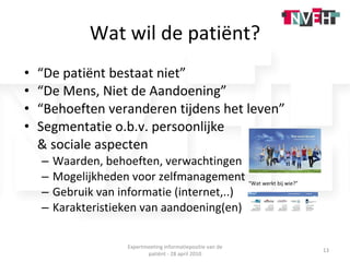 Wat wil de patiënt? “ De patiënt bestaat niet” “ De Mens, Niet de Aandoening” “ Behoeften veranderen tijdens het leven” Segmentatie o.b.v. persoonlijke & sociale aspecten Waarden, behoeften, verwachtingen Mogelijkheden voor zelfmanagement Gebruik van informatie (internet,..) Karakteristieken van aandoening(en) “ Wat werkt bij wie?” Expertmeeting informatiepositie van de patiënt - 28 april 2010 