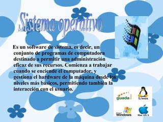 Es un software de sistema, es decir, un conjunto de programas de computadora destinado a permitir una administración eficaz de sus recursos. Comienza a trabajar cuando se enciende el computador, y gestiona el hardware de la máquina desde los niveles más básicos, permitiendo también la interacción con el usuario. Sistema operativo 