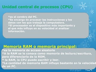 Unidad central de procesos (CPU)
*es el cerebro del PC.
*Se encarga de procesar las instrucciones y los
datos con los que trabaja la computadora.
*El procesador es el dispositivo más importante y
el que más influye en su velocidad al analizar
información.

Memoria RAM o memoria principal:

*es la memoria de acceso aleatorio
*A la RAM se le conoce como memoria de lectura/escritura,
para diferenciarla de la ROM.
* la RAM, la CPU puede escribir y leer.
*La cantidad de memoria RAM influye bastante en la velocidad
de un PC.

 