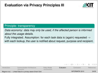 Evaluation via Privacy Principles III
Principle: transparency
Data economy: data may only be used, if the affected person is informed
about the usage details.
Fully integrated. Assumption: for each task data is (again) requested →
with each lookup, the user is notiﬁed about request, purpose and recipient.
Introduction Communication Architecture Policy Model Evaluation Conclusion References
Wagner et al. – Linked Data for a privacy-aware Smart Grid INFORMATIK 2010 24/30
 