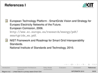 References I
European Technology Platform - SmartGrids Vision and Strategy for
Europes Electricity Networks of the Future.
European Comission, 2006.
http://www.ec.europa.eu/research/energy/pdf/
smartgrids_en.pdf.
NIST Framework and Roadmap for Smart Grid Interoperability
Standards.
National Institute of Standards and Technology, 2010.
Introduction Communication Architecture Policy Model Evaluation Conclusion References
Wagner et al. – Linked Data for a privacy-aware Smart Grid INFORMATIK 2010 30/30
 