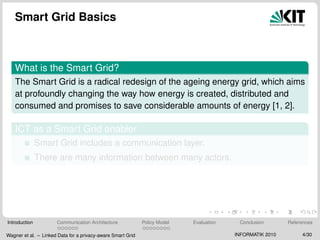 Smart Grid Basics
What is the Smart Grid?
The Smart Grid is a radical redesign of the ageing energy grid, which aims
at profoundly changing the way how energy is created, distributed and
consumed and promises to save considerable amounts of energy [1, 2].
ICT as a Smart Grid enabler
Smart Grid includes a communication layer.
There are many information between many actors.
Introduction Communication Architecture Policy Model Evaluation Conclusion References
Wagner et al. – Linked Data for a privacy-aware Smart Grid INFORMATIK 2010 4/30
 