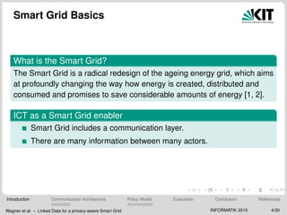 Smart Grid Basics
What is the Smart Grid?
The Smart Grid is a radical redesign of the ageing energy grid, which aims
at profoundly changing the way how energy is created, distributed and
consumed and promises to save considerable amounts of energy [1, 2].
ICT as a Smart Grid enabler
Smart Grid includes a communication layer.
There are many information between many actors.
Introduction Communication Architecture Policy Model Evaluation Conclusion References
Wagner et al. – Linked Data for a privacy-aware Smart Grid INFORMATIK 2010 4/30
 